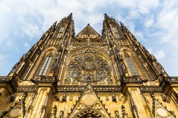 St. Vitus Cathedral facade, Prague, Czech Republic, bottom view. European town, famous place for travel and tourism