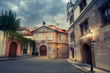 Ancient street in old European town, nobody. Summer tourism and travels, famous europe landmark, popular places