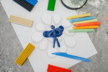 Office supplies, plasticine on the table in stationery store, nobody. Assortment in shop, accessories for modeling, school equipment