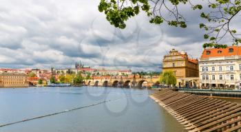 Side view of Charles bridge, Prague, Czech Republic. European town, famous place for travel and tourism