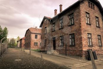Barracks for prisoners, German concentration camp Auschwitz II, Birkenau, Poland. Museum of victims of the nazi genocide of the Jewish people