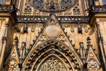 Saint Vitus Cathedral facade closeup view, Prague, Czech Republic. European town, famous place for travel and tourism