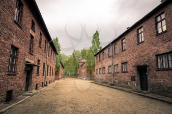 Barracks for prisoners, German concentration camp Auschwitz II, Birkenau, Poland. Museum of victims of the nazi genocide of the Jewish people