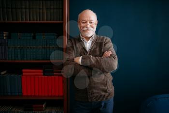 Cheerful elderly man in glasses poses at bookcase in home office. Bearded mature senior poses in living room, old age businessman