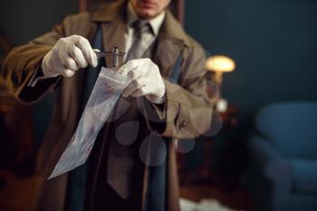Male detective with tweezers finds sleeve, evidence at the crime scene, retro style. Criminal investigation, inspector is working on a murder, vintage room interior on background