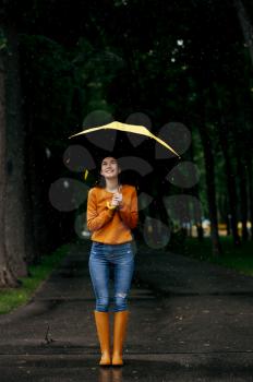 Woman with umbrella, back view, rain in summer park, rainy day. Female person walking alone, wet weather in alley