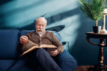 Cheerful elderly man in glasses reading a book on couch in home office. Bearded mature senior poses in living room, old age businessman