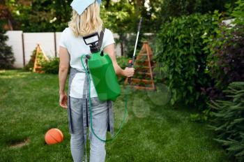 Woman in apron watering flowers in the garden. Female gardener takes care of plants outdoor, gardening hobby, florist lifestyle and leisure