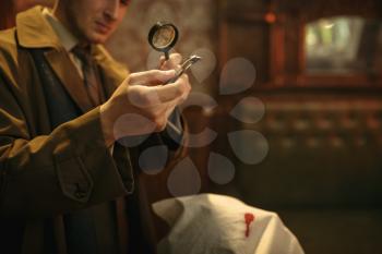 Male detective looks on evidence through magnifying glass at the crime scene, retro style. Criminal investigation, inspector is working on a murder, vintage room interior on background
