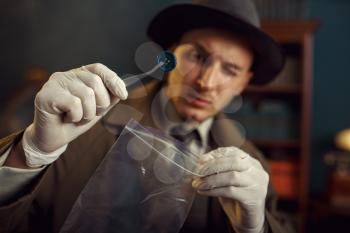 Male detective with tweezers finds killer's button, evidence at the crime scene, retro style. Criminal investigation, inspector is working on a murder, vintage room interior on background