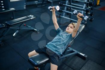 Boy doing exercise with dumbbells on bench in gym, top view. Youngster on training in sport club, healthcare and healthy lifestyle, schoolboy on workout
