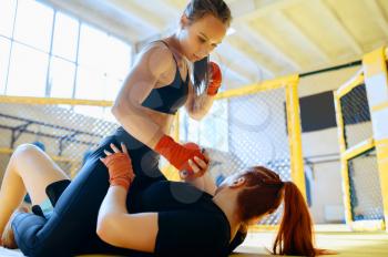 Female MMA fighter finishes her opponent in a cage in gym. Muscular women on ring, combat workout, martial arts training, competition or sparring