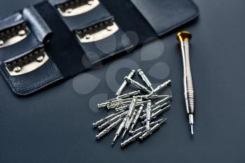 Screwdriver and set of replaceable bits in leather case, closeup, grey background, nobody. Professional instrument, worker equipment, screwing tools