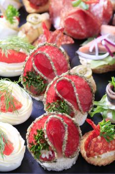 Detail shot of various types of hors d'oeuvres