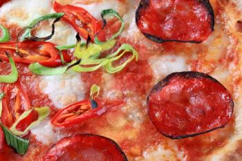 Macro shot of freshly baked pepperoni pizza 