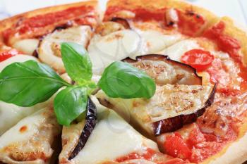 Pizza topped with cheese and slices of eggplant 