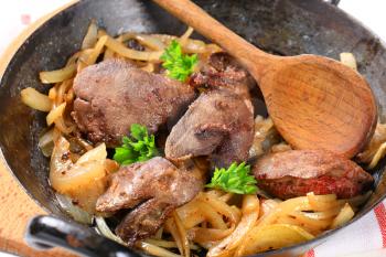 Pan fried chicken liver and onions