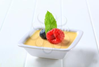 Small dish of vanilla custard topped with fruit