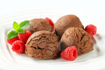 Scoops of chocolate almond ice cream with fresh raspberries