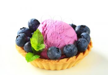 Scoop of fruit ice cream with fresh blueberries in a tart shell