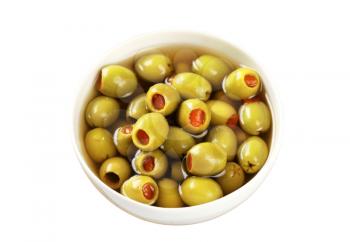 Bowl of green olives stuffed with pimento 