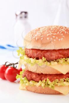 Closeup of a double cheeseburger