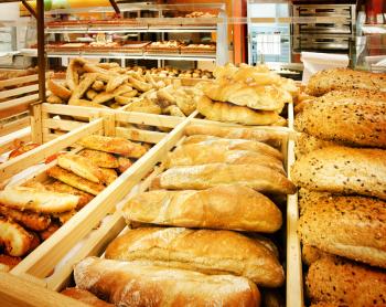 Assortment of fresh bread in a supermarket
