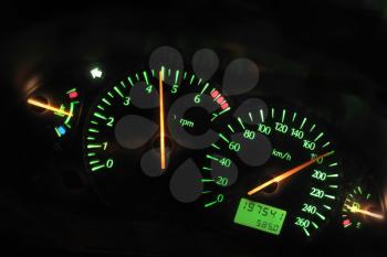 Closeup of a tachometer and speedometer on a sports car dashboard