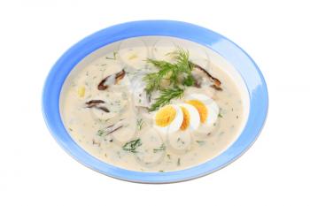 Cream soup with dill, mushrooms, potatoes and boiled egg - traditional Czech cuisine