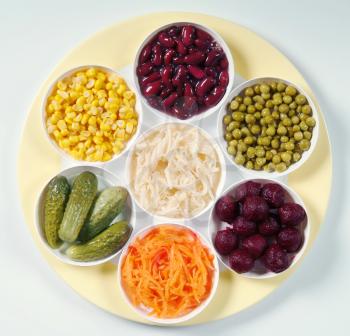 Variety of pickled and fresh vegetables