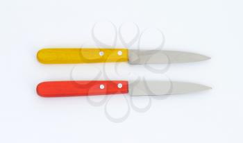 two kitchen knives with colored wooden handles