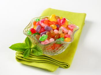 Assorted jelly beans in a glass bowl