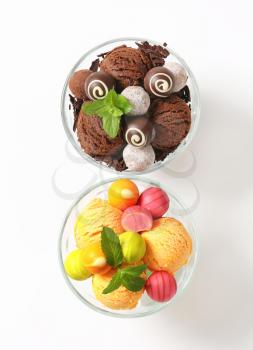 Ice cream coupes with chocolate truffles and fruit-flavored pralines