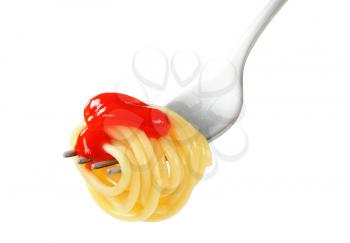 Spaghetti with ketchup twirled on fork