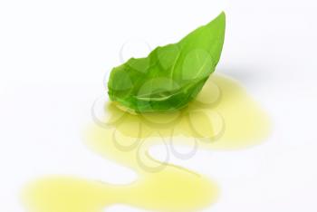 Olive oil drizzle and fresh basil leaf
