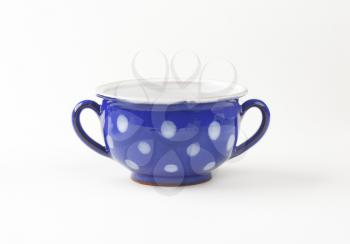 Double handled polka dot blue soup bowl