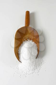 Coarse grained salt on a wooden scoop