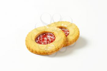 Shortbread cookies filled with red currant preserve called Linzer Eyes