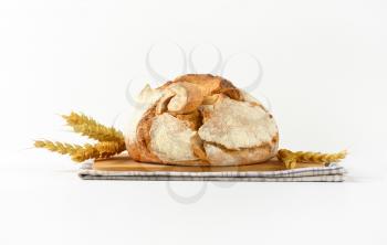 round loaf of bread and ripe grain ears on cutting board