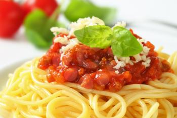 Spaghetti with meat-based tomato sauce and grated cheese