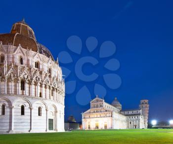 The Pisa Baptistry of St. John, the Duomo and the Leaning Tower of Pisa at dusk, Campo dei Miracoli, Pisa, Italy, Europe