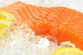 detail of raw salmon fillet on ice