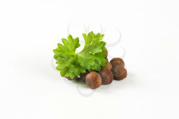 allspice and parsley leaf on white background