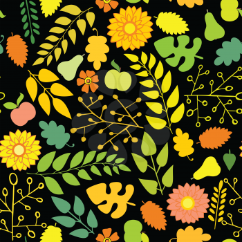 Seamless autumn pattern with flowers and foliage on a black background
