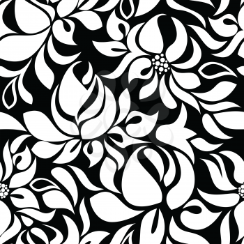 Seamless pattern with white flowers on black background