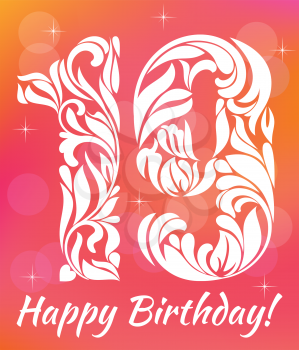 Bright Greeting card Invitation Template. Celebrating 19 years birthday. Decorative Font with swirls and floral elements.