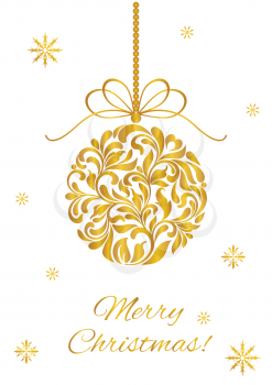 Elegant Greeting card. Merry Christmas! Christmas ball from abstract floral ornament with golden glitter isolated on a white background