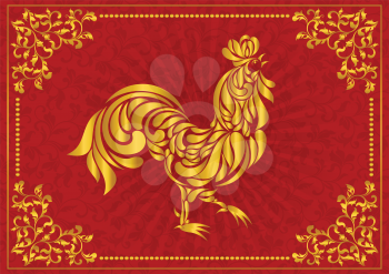Rooster, symbol of the Chinese calendar. Stylized golden cock made of floral ornament 