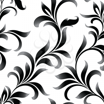 Seamless pattern of abstract floral ornament with curled leaves. Engraving style