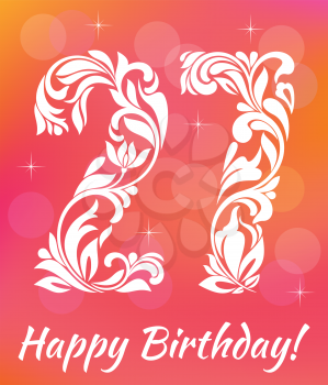Bright Greeting card Template. Celebrating 27 years birthday. Decorative Font with swirls and floral elements.